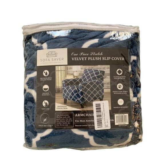 Sofa Saver One Piece Stretch Velvet Plus Slip Cover Armchair up to 43" Wide Blue - Picture 2 of 5